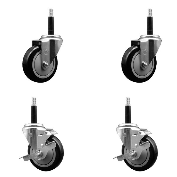 Service Caster 4'' Black Poly Wheel Swivel 3/4'' Expanding Stem Caster Set 2 Brakes, 4PK SCC-EX20S414-PPUB-BLK-2-TLB-2-34 - main